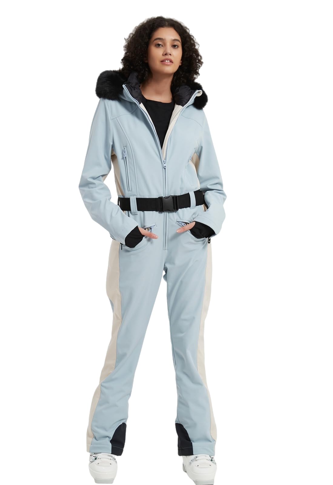 Photo 1 of SNBOCON Women's One Piece Snowsuits Ski Suits High Collar Hood Zipper Jumpsuits Snowboard Winter Waterproof Windproof Jackets for Snow Sports(S,Light Blue)