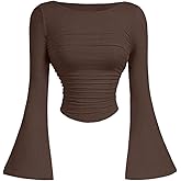 Floerns Women's Long Bell Sleeve Tops Boat Neck Ruched Going Out Slim Fit Casual Basic T Shirts