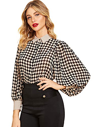Floerns Women's 70s Bishop Long Sleeve Checkerboard Plaid Blouse Khaki XL