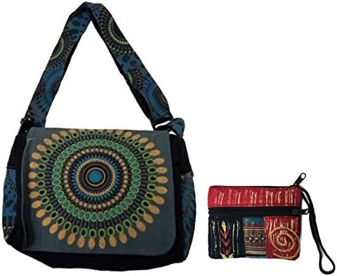 Canvas Cotton Sling Boho Cross Body Shoulder Bag & Coin/Money Purse Bundle Nepal – Circle Geometric Design
