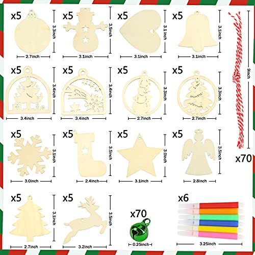 Koogel 70 Pcs Unfinished Christmas Wooden Ornaments，14 Styles Wooden Christmas Ornament Unfinished Blank Wood Slices for Decorate Christmas Tree Fireplace Windows