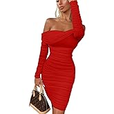 GOKATOSAU Women's Sexy Elegant Ruffle Long Sleeve Off Shoulder Ruched Party Mini Dress