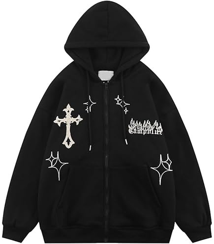 YUNZSXJY Womens Men Zip Up Grunge Hoodie Cross Print Jacket