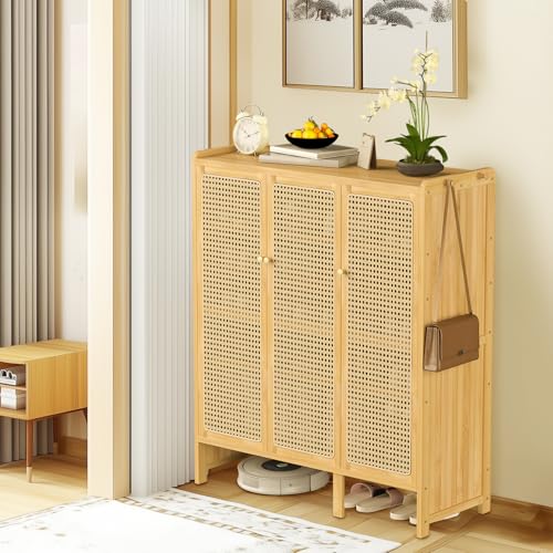 Bamboo Shoe Cabinet with Rattan Doors, 5-Tier Entryway Shoe Shelf Organizer, Storage Cabinet with Hooks Shoe Chest for Hallway Living Room Bedroom 90.5x35x107cm