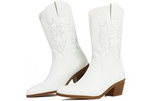 VIMISAOI Womens Cowboy Boots Comfortable Retro Pull On Pointed Toe Wide Calf Long Tall Block Chunky Heel Embroidered Western Cowgirl Mid Calf Boots