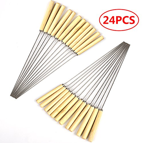 SZBAIDEKJ 24pcs Barbecue Skewers Marshmallow Roasting Sticks Wooden Handle Meat Hot Dog Fork for BBQ Camping Cookware Campfire Grill Cooking Camping Picnic, Stainless Steel,12 inches
