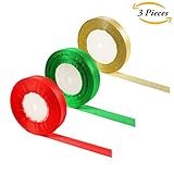 Aneco 100 Yards 22 mm Christmas Ribbon Wide with 25 Yards 15mm Gold Glitter Metallic Sparkle Ribbon Shimmer Sheer Organza Ribbons for Gift Wrap Wedding Christmas Decoration,3 Rolls, Green, Red and Go