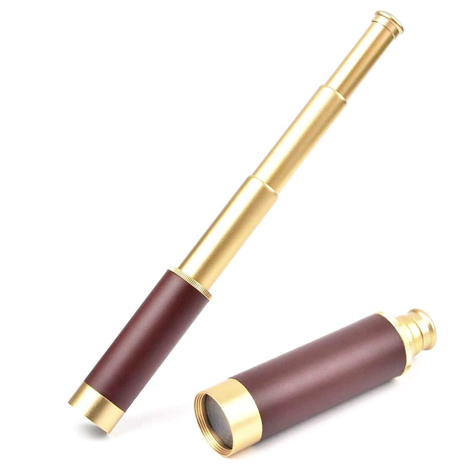 Lychee Waterproof Monocular Mini Retractable Telescopic Monocular Vintage Pirate Optical Telescope Aluminium Alloy with Copper Plating 4 Sections HD for Sailing Travel Games