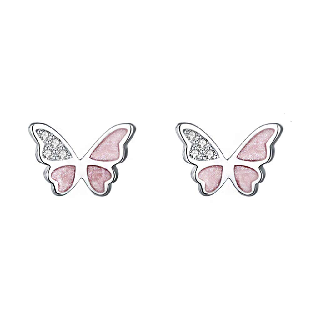HAISWET Pink Enamel Butterfly 925 Sterling Silver Stud Earrings White Cubic Zirconia