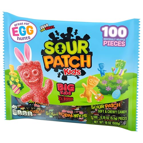 SOUR PATCH KIDS BIG KIDS INDIVIDUALLY WRAPPED SOFT & CHEWY CANDY, EASTER CANDY, BULK CANDY, 1 BAG (100 PIECES)