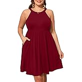 Plus Size Summer Dress - Casual Sun Halter Neck Sleeveless Short Sundress with Pockets