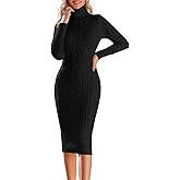 Fangetey Womens Long Sleeve Turtleneck Sweater Dresses Knitted Bodycon Midi Sheath Jumper Dresses
