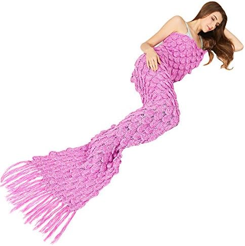 Y-stop Mermaid Tail Blanket with Scale Knit Crochet for adult Kids Girls, Super Warm Soft All Seasons Sleeping Blankets 6 Styles (Length-71", Tassels-Rose red)