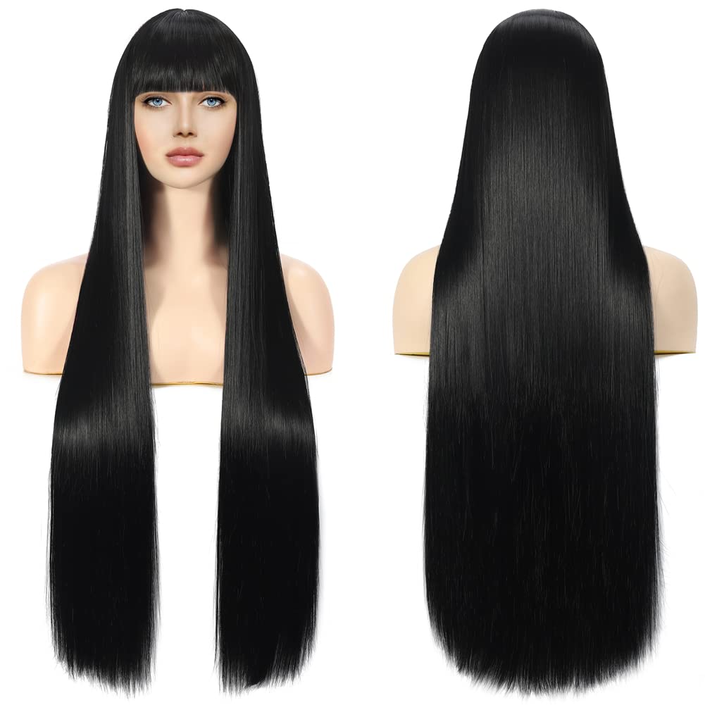Sangrui Black Long Straight Wig for Women, Synthetic Fibre Smooth Wig with Fringe, 80 cm Long Straight Black Synthetic Wig with Fringe Bangs for Women