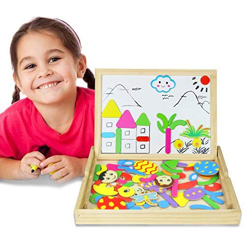 Jigsaw Puzzle Board | Wooden Double-sided Magnetic Jigsaw Puzzles | Drawing Blackboard | Wooden Toys for Kids Girls Boys 3 4 5 6 Years Old