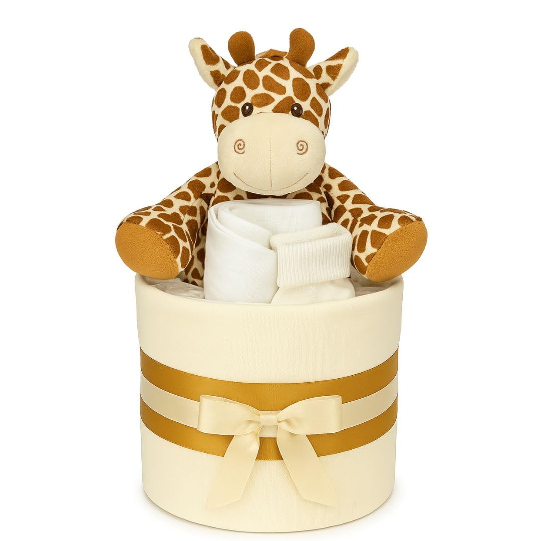 The Big Card Nappy Cake Neutral Unisex Baby Gift - Muslin Square wrap 9 Premium Nappies, Baby Bib Socks and Plush Soft Giraffe