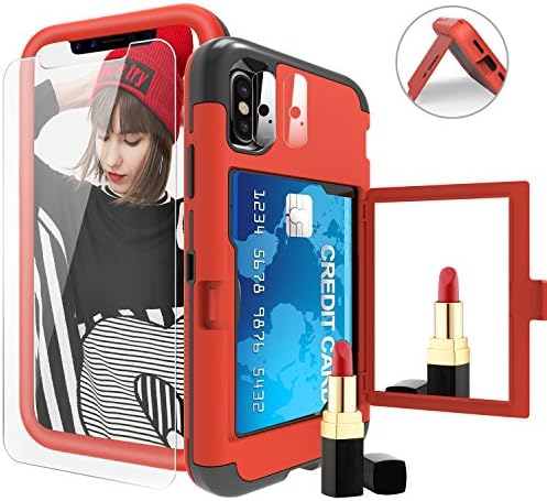 iPhone X Case, Taken Direct iPhone 10 Plastic Silicone Wallet Case with Screen Protector, Mirror and Kickstand, Three Layers Heavy Duty Protection and Non-slip, for Women, Girls, 5.8 Inch (Red)