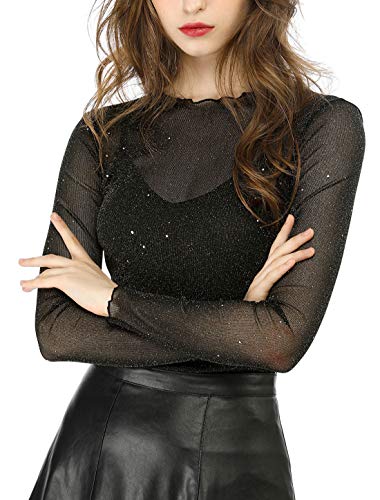 Allegra K Women's Long Sleeve Ruffles Mesh Tops w Camisole S Black