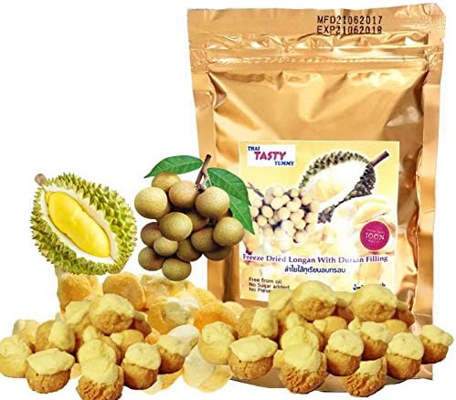 Longan with Durian Monthong Filling Vacuum Freeze Dried , Fresh , 100% Natural and Real Fruit 35 g. or 1.23 Oz (Pack of 2) Thai Tasty Yummy.