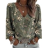 Women’s Boho V-Neck Long Sleeve Blouse Top – Olive Green Casual Vintage Floral Print Shirt