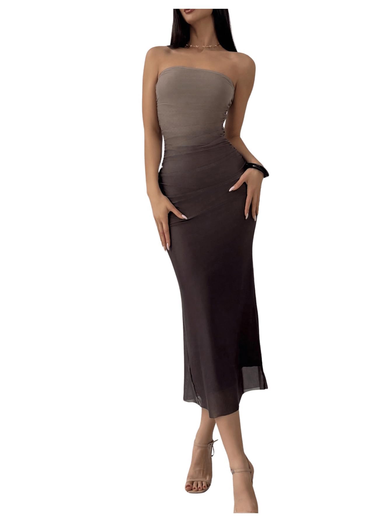 Photo 1 of GORGLITTER Women's Mesh Strapless Ruched Bodycon Maxi Dress Wedding Guest Prom Cocktail Summer Y2k Long Tube Dresses Brown Large