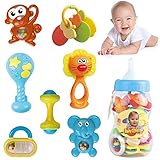 Music Party Fun 7 Piece Baby Rattle and Teether Toy Gift Set in Milk Bottle