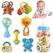 Liberty Imports Deluxe 7 Piece Baby Rattles Teether and Shakers in Milk Bottle - Grab and Spin Animal Fun Toy Gift Set - Early Educational Toys for 3, 6, 9, 12 Month Baby Infant, Newborn, Toddler