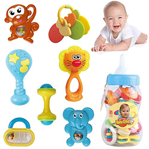 Liberty Imports Deluxe 7 Piece Baby Rattles Teether and Shakers in Milk Bottle - Grab and Spin Animal Fun Toy Gift Set - Early Educational Toys for 3, 6, 9, 12 Month Baby Infant, Newborn, Toddler