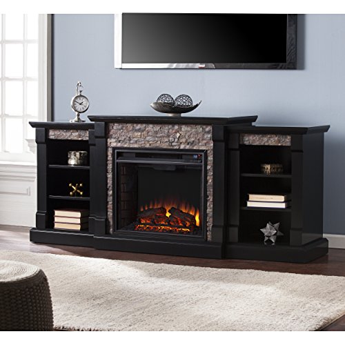 Southern Enterprises Ganyan Faux Stone Electric Fireplace with Bookcase, Black Finish - Thumbnail 5