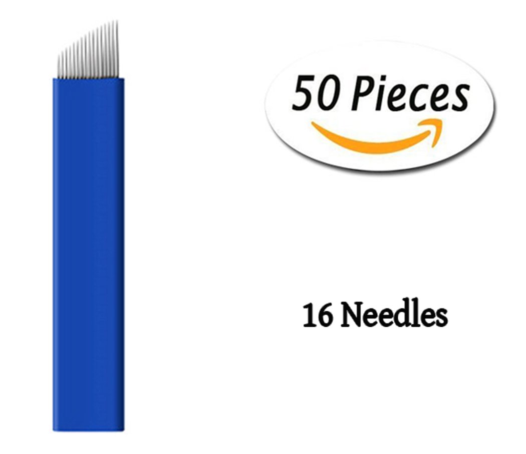 Xiaoyu 50PCS Microblading Needles, Tattoo Needles, Microblading Pens Eyebrow Tattoo Needles, Blue, 16 Pin
