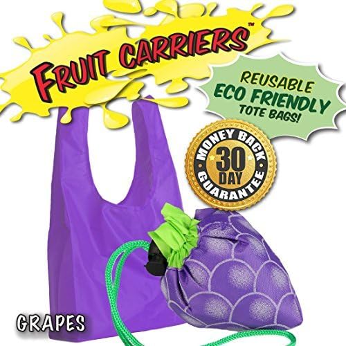 FRUIT CARRIERS 4 Pack: Eco-friendly, Reusable Shopping Tote Bags Available in 6 Fun Designs! Grapes, Pineapple, Carrot, Kiwi, Strawberry and Chili Pepper. (Grapes)
