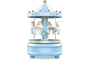 WEofferwhatYOUwant Carousel Music Box, Blue - Cake Topper, Easy Twist, 4 Horse Classic Decor - Melody Beethoven's Fur Elise. Fall Asleep to Music Lights.