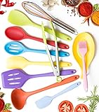 11pc Silicone Kitchen Utensil Set by CuisineFacets Colorful Cooking Utensils with Spatula, Serving Tools, Accessories and FREE Spoon Rest - Heat Resistant Spatulas and Spoons for Non-Stick Cookware