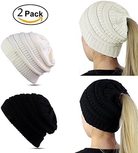 Lobeve Women Beanie Trendy Ponytail Messy Bun Beanie Soft Warm Knitting Wool Season Hat,2 Pack-White
