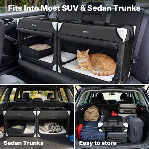 Veehoo Separable Double Cat Carrier for 2 Cats, 2-in-1 Foldable Pet Travel Carrier for 2 Small Dogs, Portable Soft Cat Crate for Indoor Outdoor, with Foldable Litter Box & Bowls, 120×43×43 cm, Black