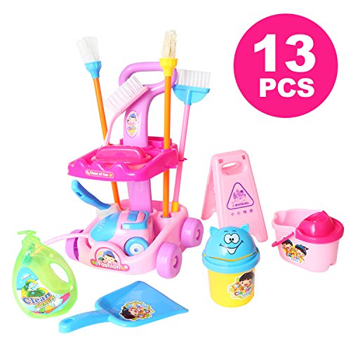 13 Piece 9.5" Mini Cleaning Cart Playset Household Appliances Tools Pretend Play Set Vacuum Cleaner Cleaning Trolley for Kids Cleaning Supplies Toys Broom, Mops, Brushes, Caution Sign(No.666-86)
