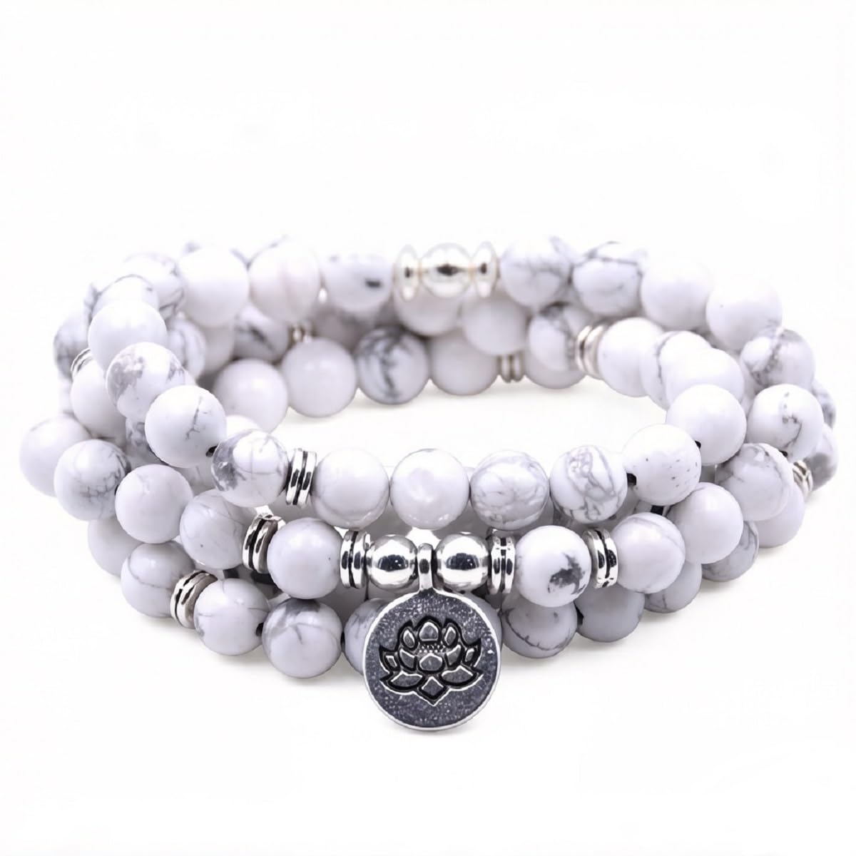 Self-Discovery 108 Natural Beads Mala Yoga Bracelet with Lotus Charm, Stone