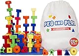 CC O PLAY 50pc Peg Board Stacking Toy for Toddlers - Montessori Educational Building Shapes for Preschoolers - Early Learning Set for Fine Motor Skills - Ebook Pegboard Pattern Cards/Games-Tote Bag