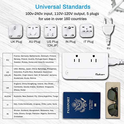 Baban Voltage Converter Universal Travel Adapter, Step Down 220V to 110V Converter with 4-Port USB Charging, Worldwide Plug Adapter with UK/AU/US/EU/in/IT Plug for International Travel, White