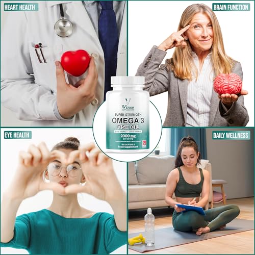 Vinco High Strength Omega 3 Fish Oil 2000mg | EPA 660mg & DHA 440mg Per Serving | Promotes Heart, Brain & Eye Health | Non-GMO GMP Certified 180 Omega 3 Softgels Capsules (3 Month Supply) - UK Made