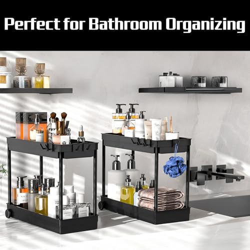 Cicilyna 2 Pack Under Sink Organizer, 2 Tier Bathroom Cabinet Organizers and Storage with Hook, Multi-purpose Storage Basket Shelf for Kitchen, Black
