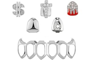 ILIEMOC 6PCS Gold/Silver Teeth Grillz Set for Men Women – Dollar Sign, Cross, Flame Tooth & 8 Classic Tops Bottoms – Iced Out Hip Hop Fake Teeth for Party, Halloween, Cosplay