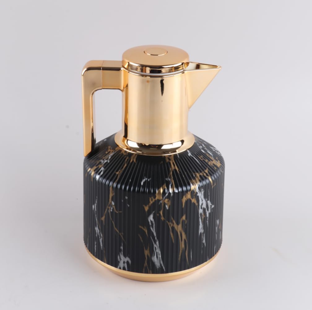 JMAHM 1L Coffee Carafe Tea Dispenser Thermal Coffee Insulated Jug Keep Drinks 12 Hours Hot/ 24 Hours Cold Double Walled Vacuum Jug with Press Button Top (Black Pattern)