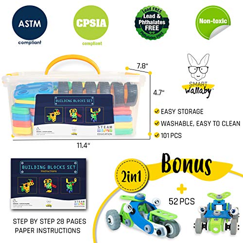 SMART WALLABY Bolts and Nuts Toy for Kids Ages 3+ Teaches STEM Skills - 101-pc. Construction Building Blocks for Fun Educational & Creative Growth - STEAM Learning Building Set with 52-pc. Gift Kit