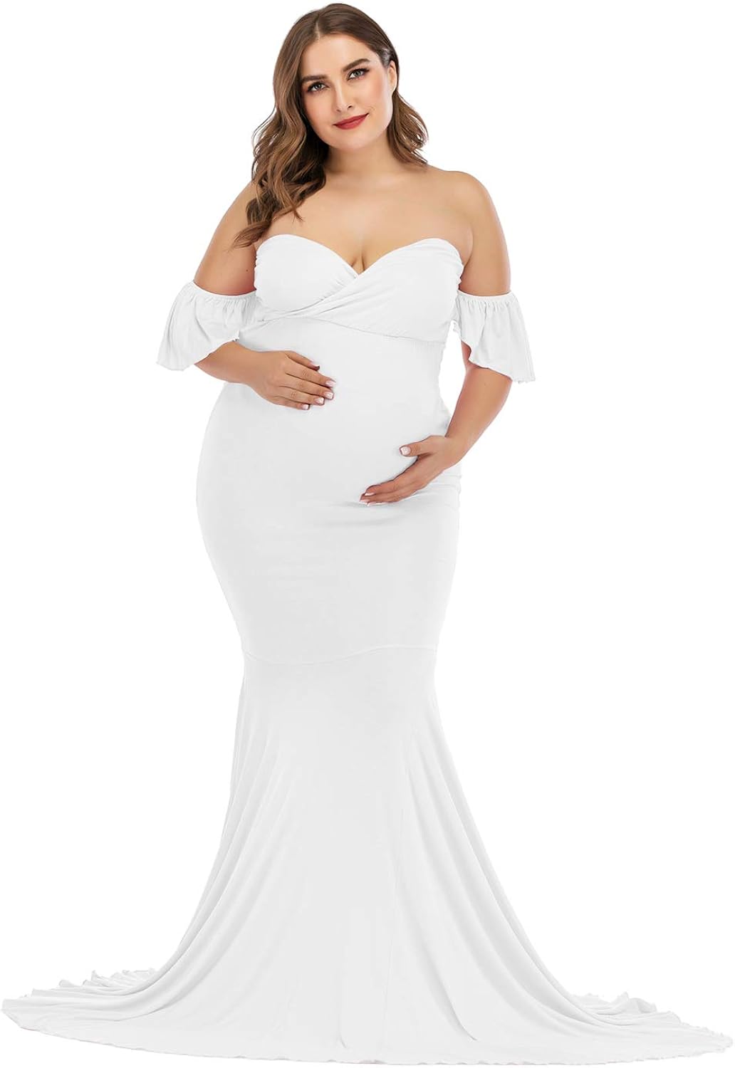 ZIUMUDY Off Shoulder Maternity Elegant Fitted Photo Shoot Gown Wraped Mermaid Baby Shower Dress at  Women’s Clothing store
