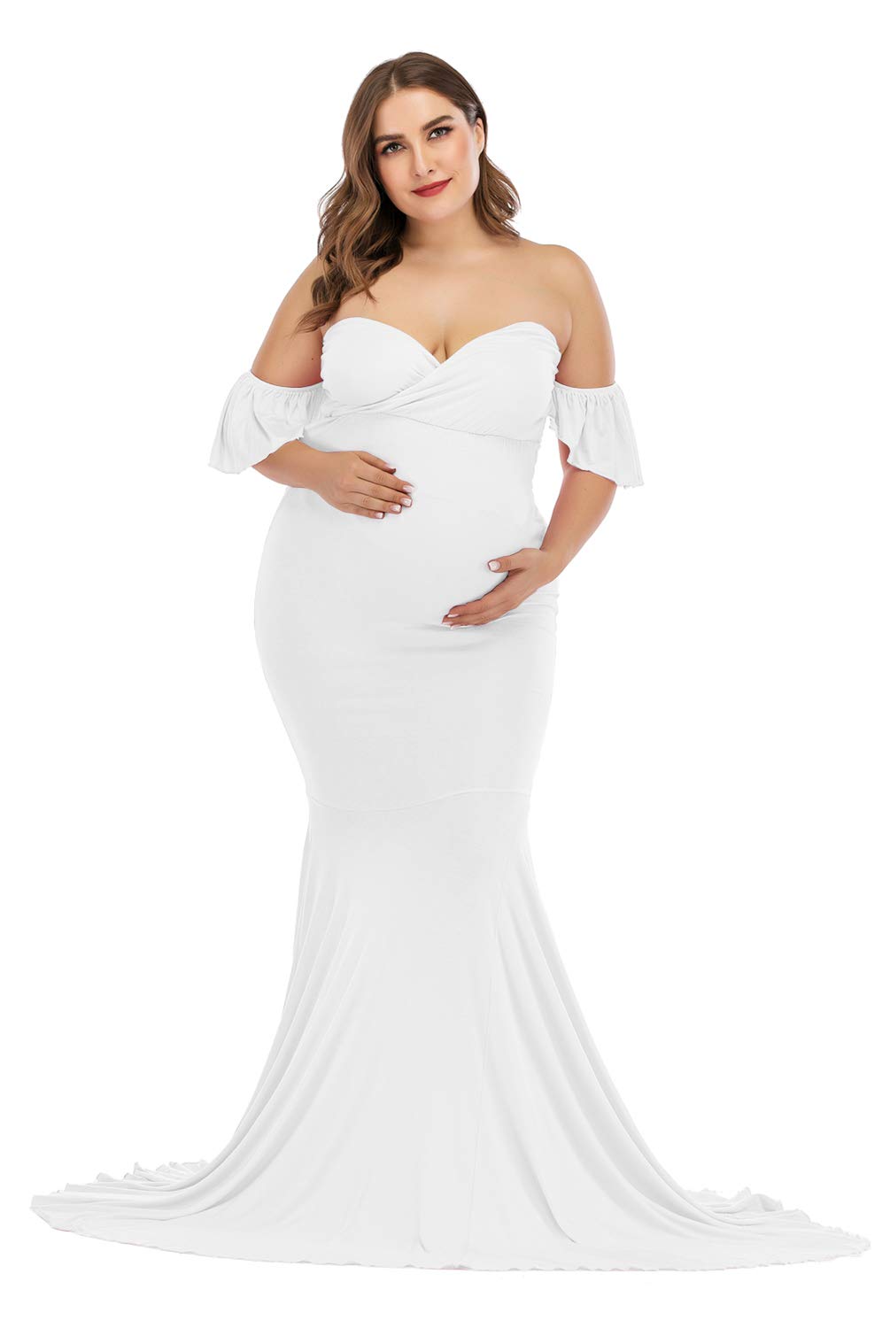 ZIUMUDY Off Shoulder Maternity Elegant Fitted Photo Shoot Gown Wraped Mermaid Baby Shower Dress