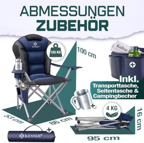 ® Sedia da Campeggio fino a 150 kg con Braccioli, Schienale Alto, Imbottita, Luce da Campeggio e Portabicchieri + Borsa, Pieghevole e Richiudibile, Blu Navy/Nero
