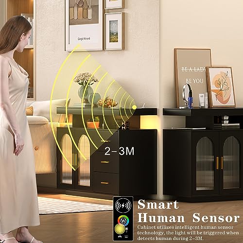 Dystler Sideboard Buffet Cabinet with Storage, 3 Drawers & 2 Doors, Auto-Sensor 20 Color Lights Console Table with Charging Station,Touch Control Console Coffee Bar Table for Kitchen, Dinning- White