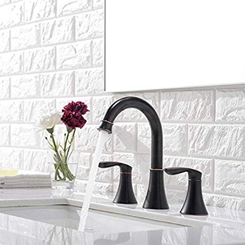 Friho Lead-Free 2 Handle 3 Holes Lavatory Vanity Oil Rubbed Bronze Bathroom Faucet, Bathroom Vessel Sink Faucet with Water Hoses and Pop Up Drain Stopper