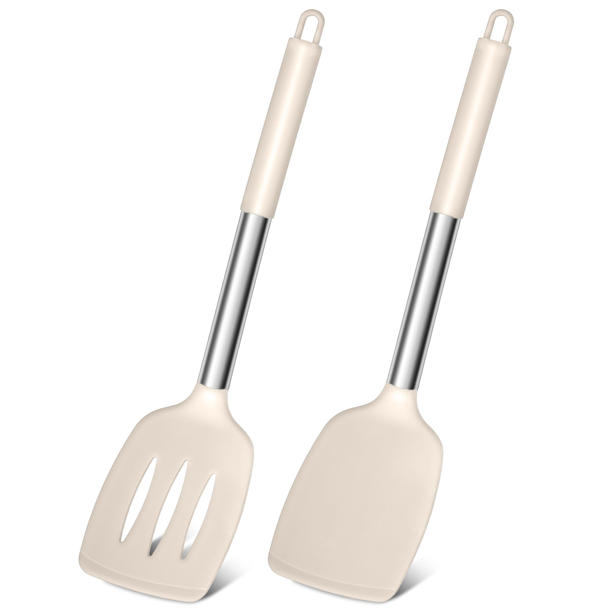 Joyfair Silicone Spatula, Stainless Steel Spatula Pack of 2, Cooking Turner/Non Stick Kitchen Slotted Utensil Set Ideal for Fish, Eggs, Pancakes, Heat Resistant & Dishwasher Safe, Khaki